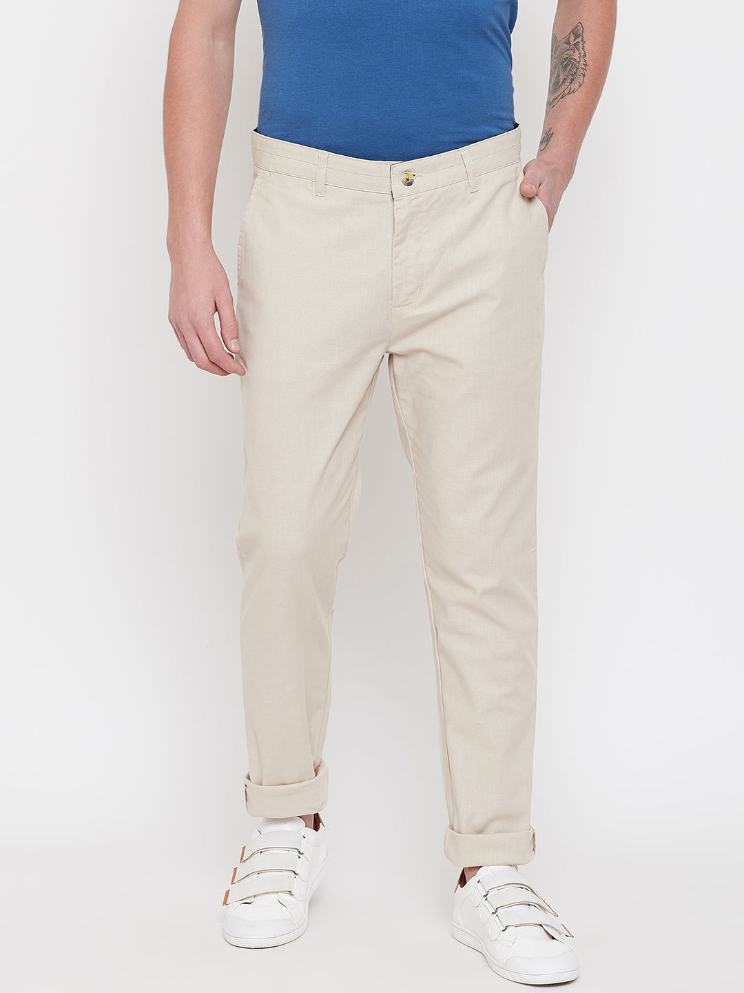 JUMP USA Men Cream Casual Slim Fit Trousers