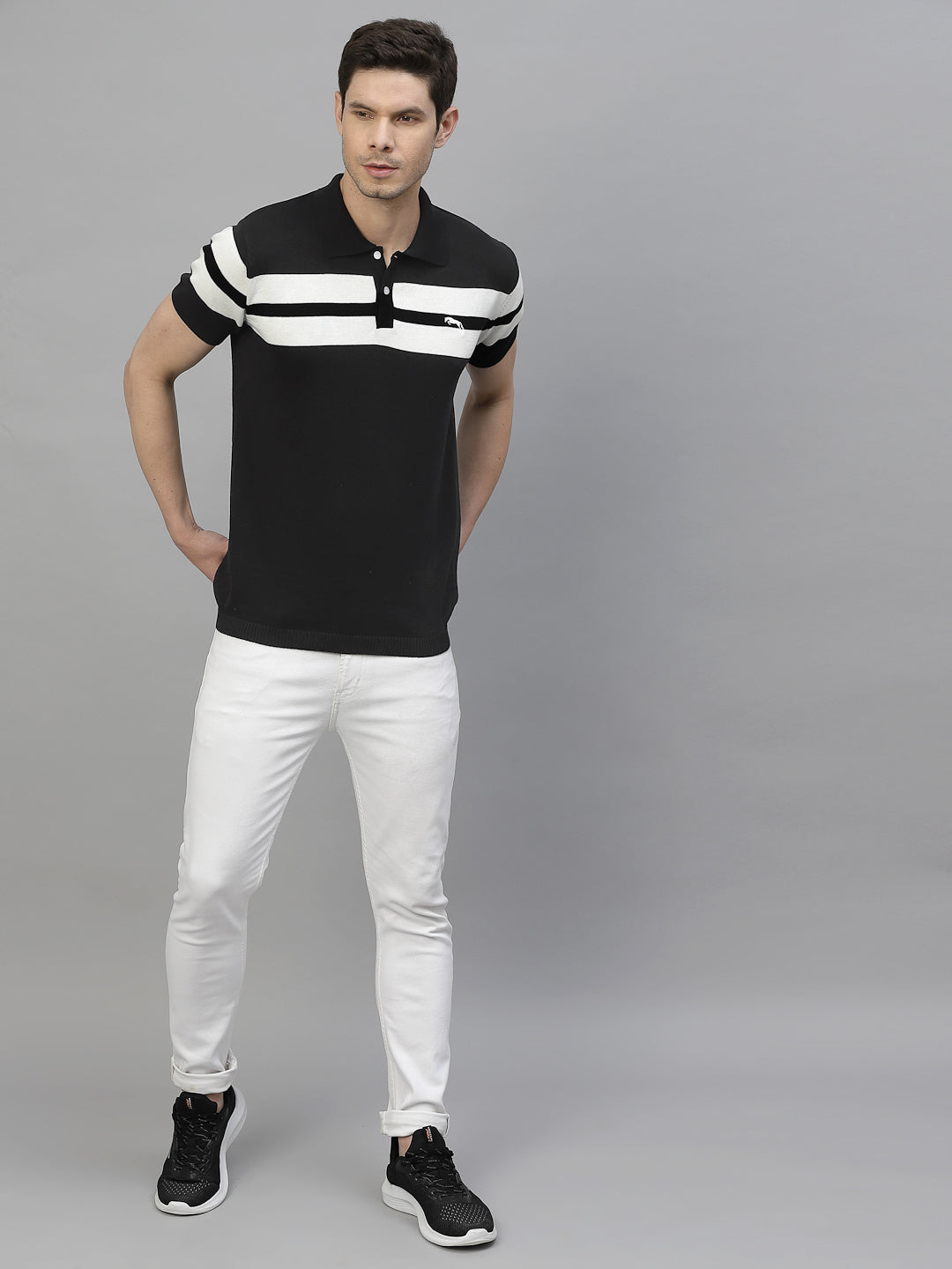 JUMP USA Men Black & White Polo Collar Pure Cotton T-Shirt