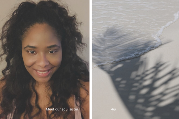 Black woman smiling on the right hand side and white sand on the left hand side. Text says 'Meet our soul sister Aja'