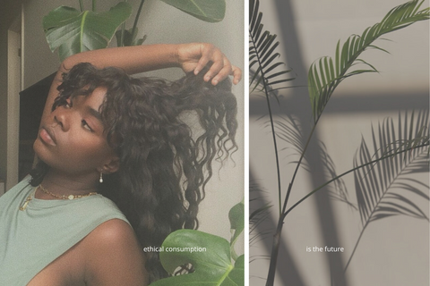 Black woman holding a piece of her ethical hair extensions in her right hand while looking away from the camera