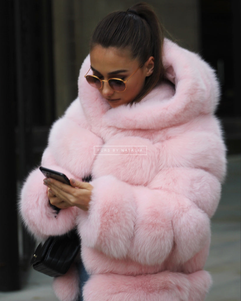 pink hooded fur jacket