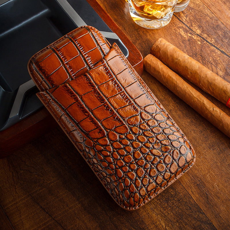 Brown Alligator Pattern Leather Cigar Carry Case for 3 Cigars