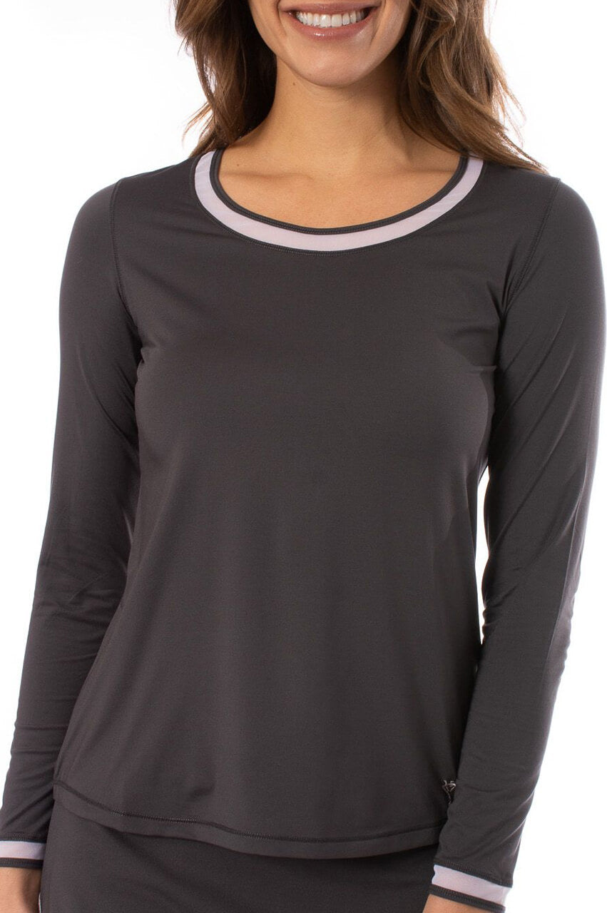 Charcoal Long Sleeve Top with White Mesh Trim