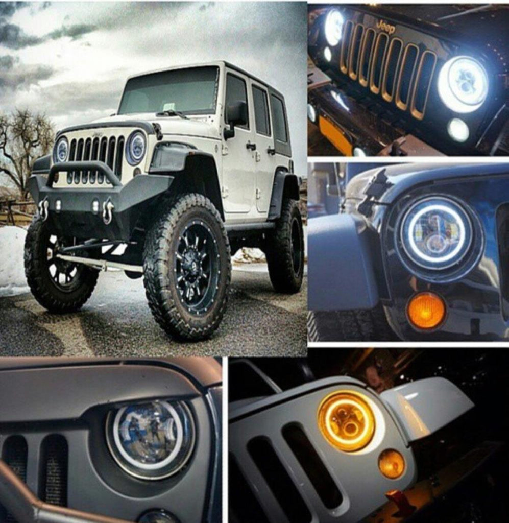 Jeep Wrangler 7 inch round LED headlight kit with white/Switchback hal –  OffroadLEDbars