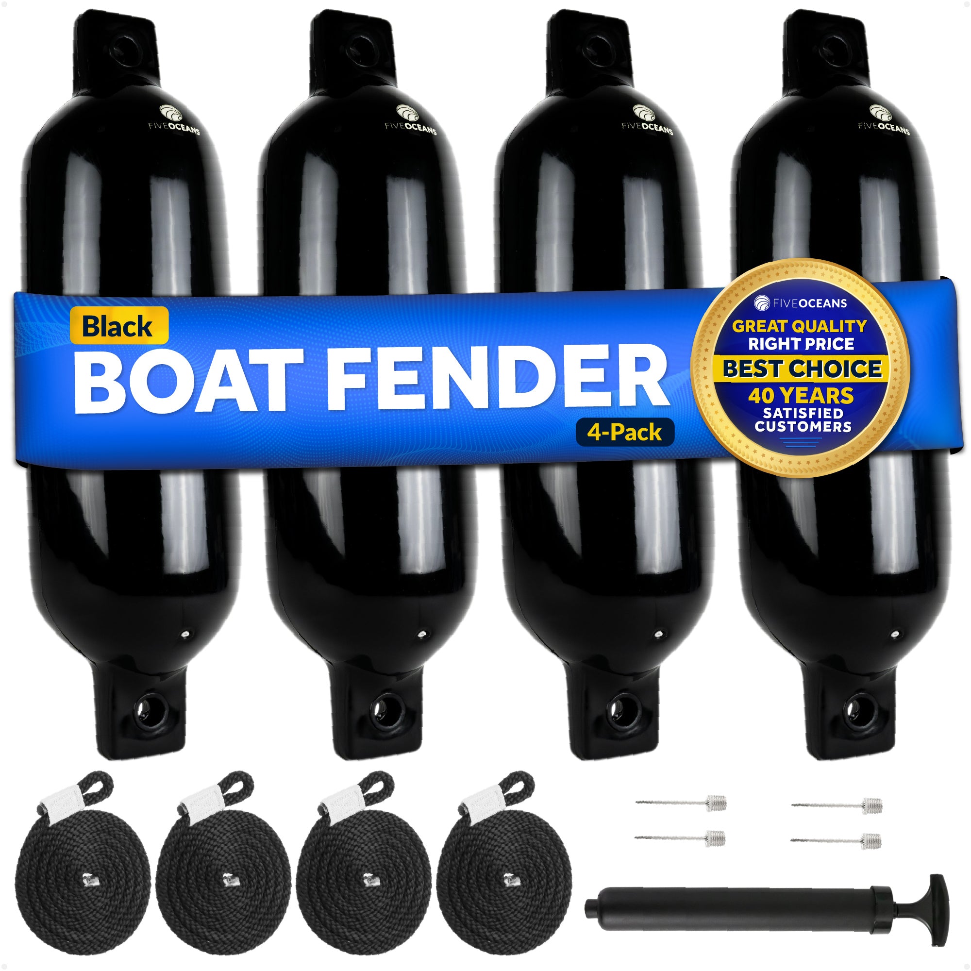 Inflatable Boat Fenders, 4 Pack Black 5.5" x 20" - FO4612