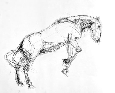 Loose pencil drawing of a horse jumping.