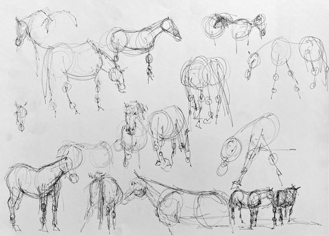 Pen life sketches of horses grazing and standing..