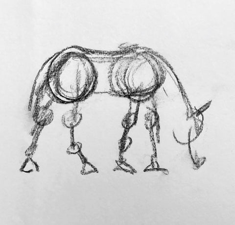 Charcoal life sketch of a horse grazing.