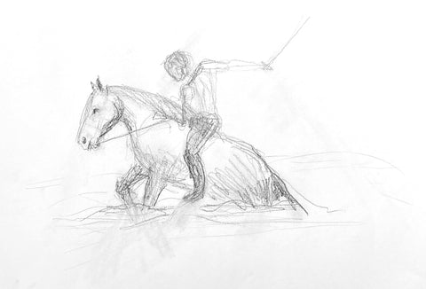 Pencil drawing of a man on a horse holding a sword.