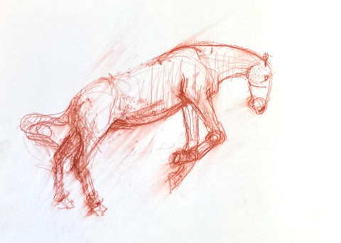 Loose pastel drawing of a horse jumping.