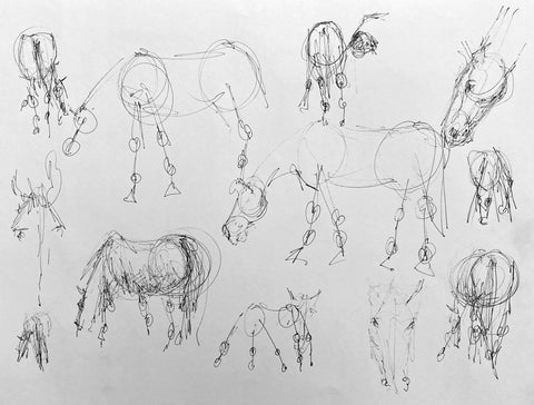 Pen life sketches of horses grazing.