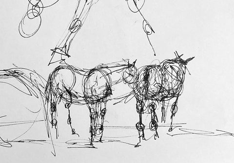 Pen life sketch of two horses standing. 