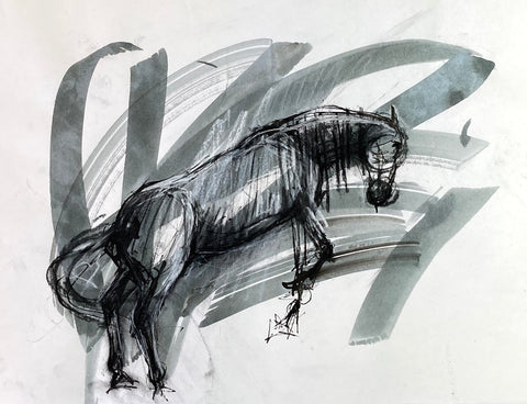 Expressive ink and mixed media drawing of a horse jumping.