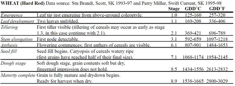 Hard Red Wheat GDD development table from Montana State University