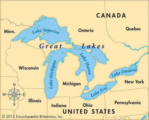 Geographic map depicting states and provinces of the Great Lakes region