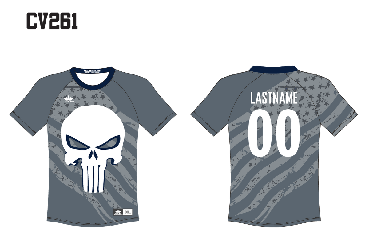Steel crew neck with weathered American Flag and enlarged white Punisher skull. 