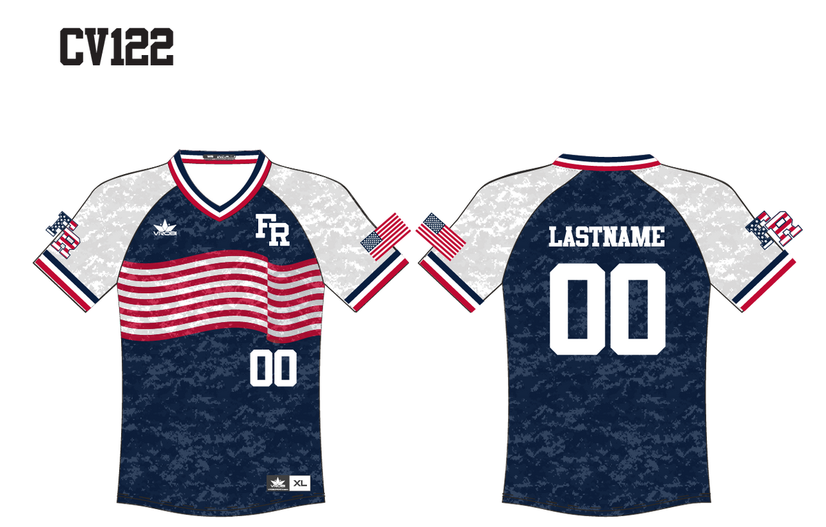Red, white and navy striped v-neck raglan with waving red and white stripes across the chest and digital camo patter overlay. 