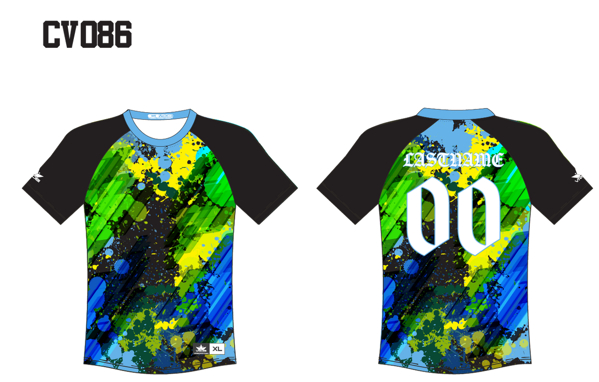 Crew neck with black base and yellow, lime green, royal blue, and Columbia blue paint splatter. Celtic last name and number on the back in white.