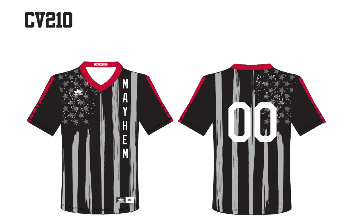 Black base jersey with red V-neck and grey and charcoal distressed American flag design. 
