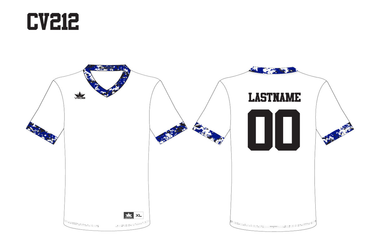 Clean white V-neck jersey with royal blue, black and white digital camo trim.