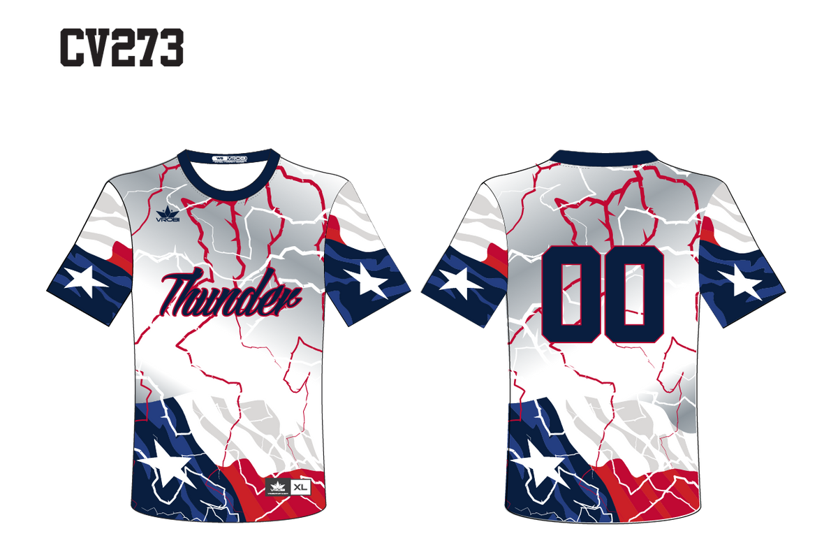 White crew jersey with waving Texas flag and red and white thunder