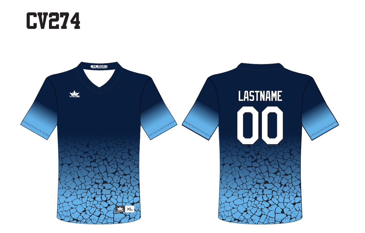 Navy V-neck Jersey fading into Columbia blue crackle pattern with navy and Columbia blue gradient on the sleeves. 