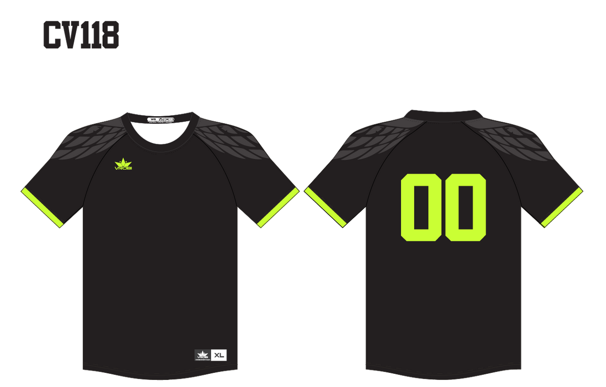 Black crew neck with grey angel or eagle wings on raglan sleeves and neon player number on the back. 