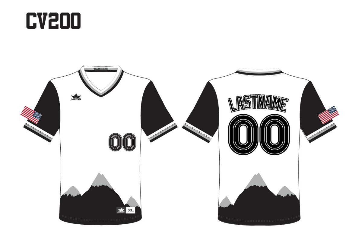 Monochromatic colors with mountain design and retro last name and number on the back 