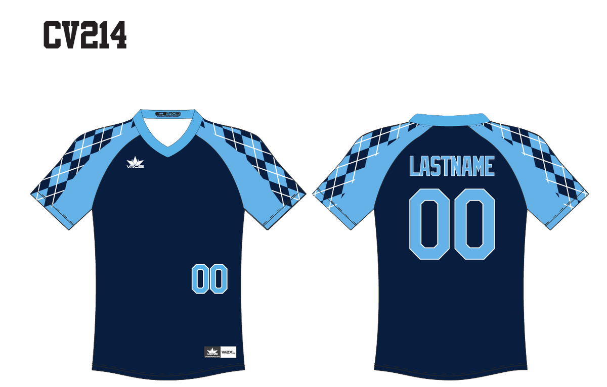 Navy base jersey with Columbia blue V-neck and argyle design down the sleeves. 