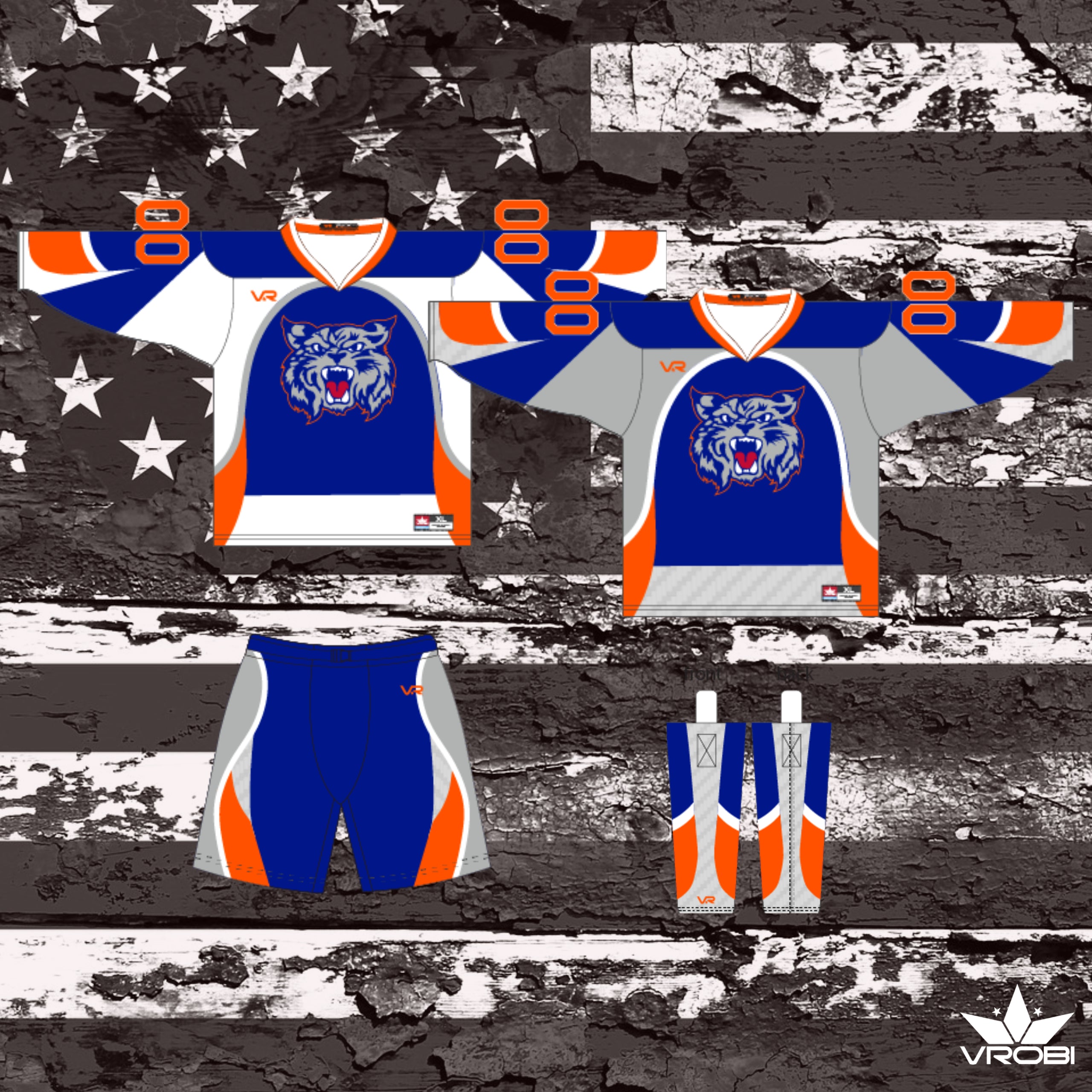 Silver Ice Hockey Team Package showing Jerseys Pant Shells and Socks