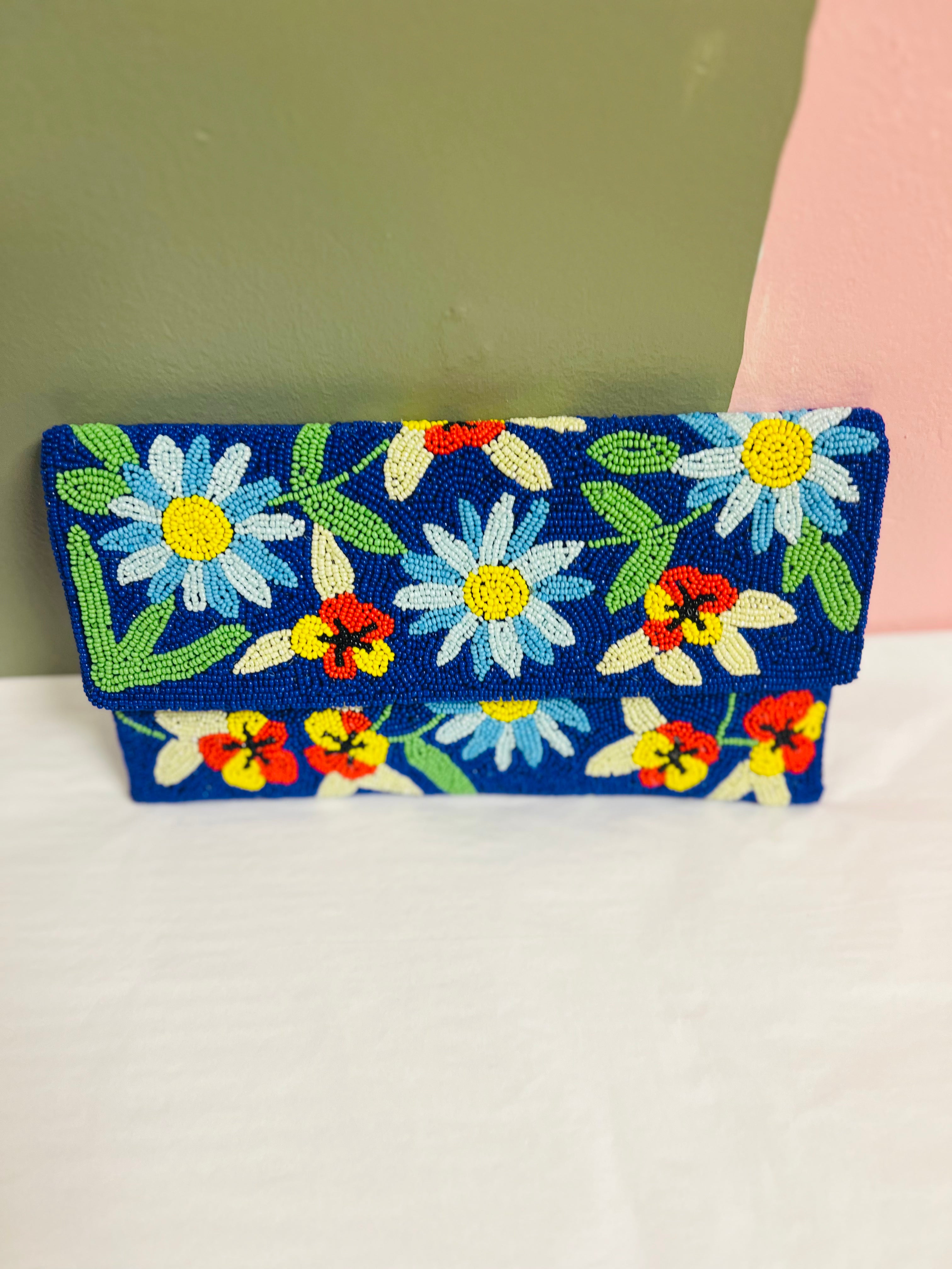 Beaded Foldover clutch - Multi flower