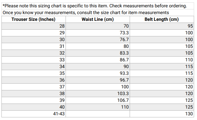 115 Cm Belt Size Chart