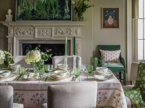 Green Dining with Magnolia Linen Tablecloth