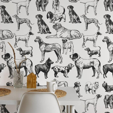 Black and White Hand Drawn Vintage Dogs Nursery Wallpaper - WallpapersforBeginners