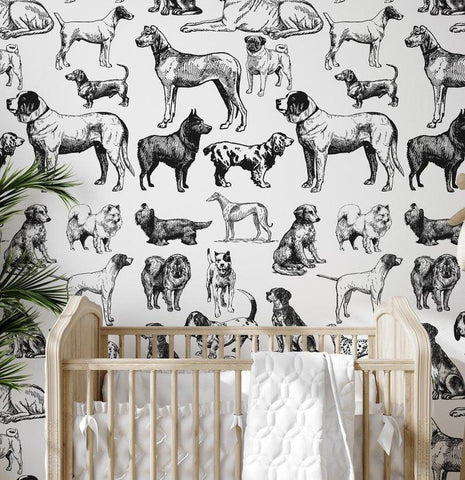 Black and White Hand Drawn Vintage Dogs Nursery Wallpaper - WallpapersforBeginners