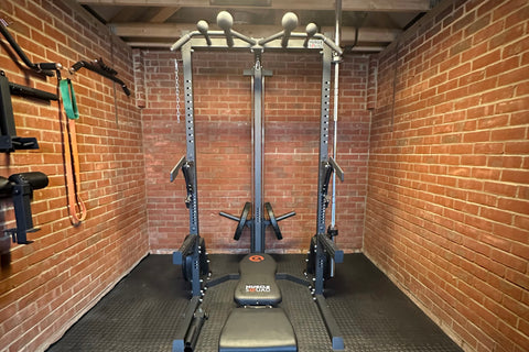Home Gym Setup Squat Stand Rack Weight Plates and Adjustable Bench