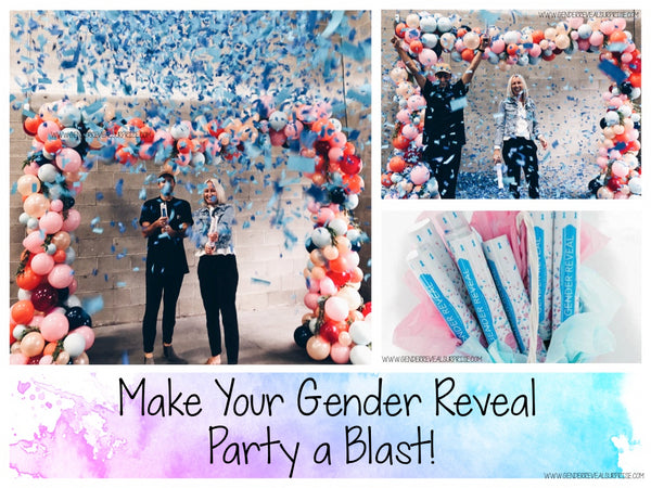 Collage of couple with confetti Cannons with the words "make your gender reveal party a blast!"