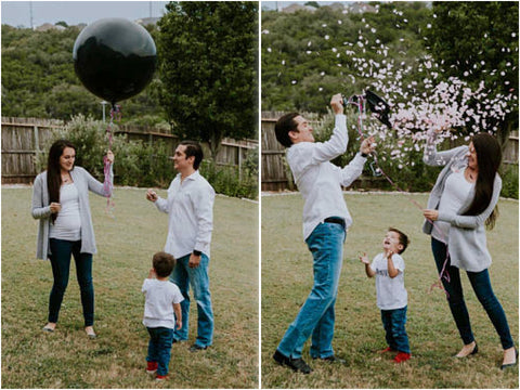 Collage of couple posing with a balloon full of confetti, then popping it to reveal pink confetti.