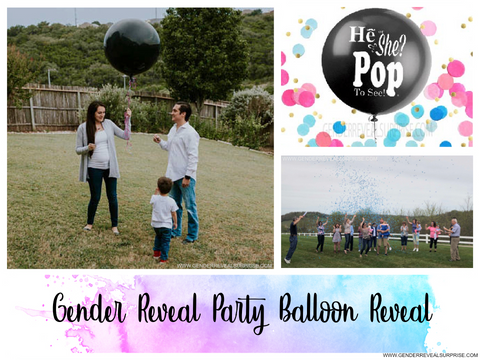 collage of gender reveal images. With the words "gender reveal party balloon reveal."