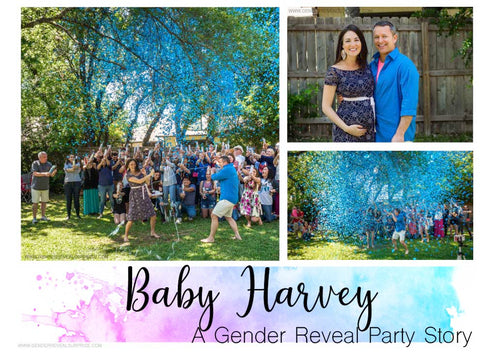 Collage of Baby Harvey gender reveal party