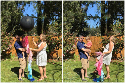 Collage of couple using a gender reveal balloon prop for their gender reveal.