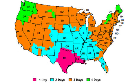 Map of the United States of America. Indicating average shipping days.