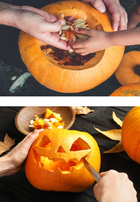 Picture collage of cleaning out a pumpkin and carving a face into it.