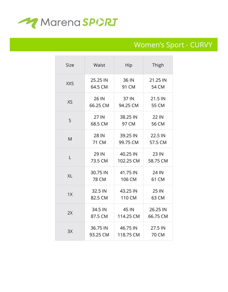 Women's sport curvy- waist, hip, thigh size chart 