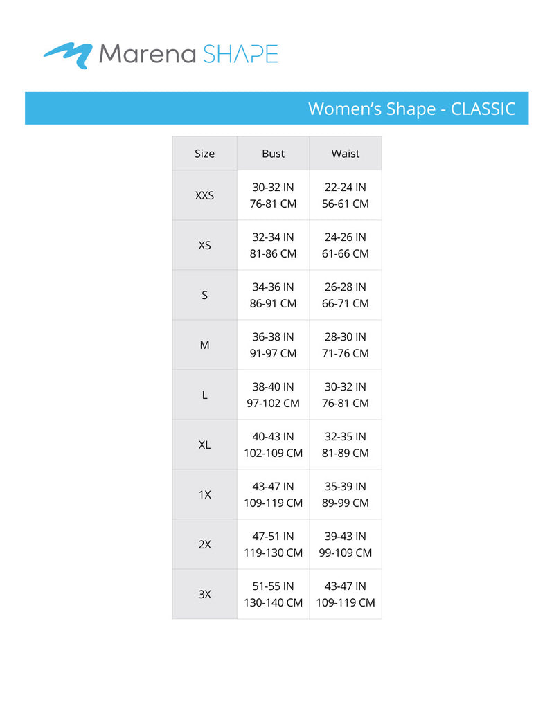 Women's shape classic- bust, waist size chart 