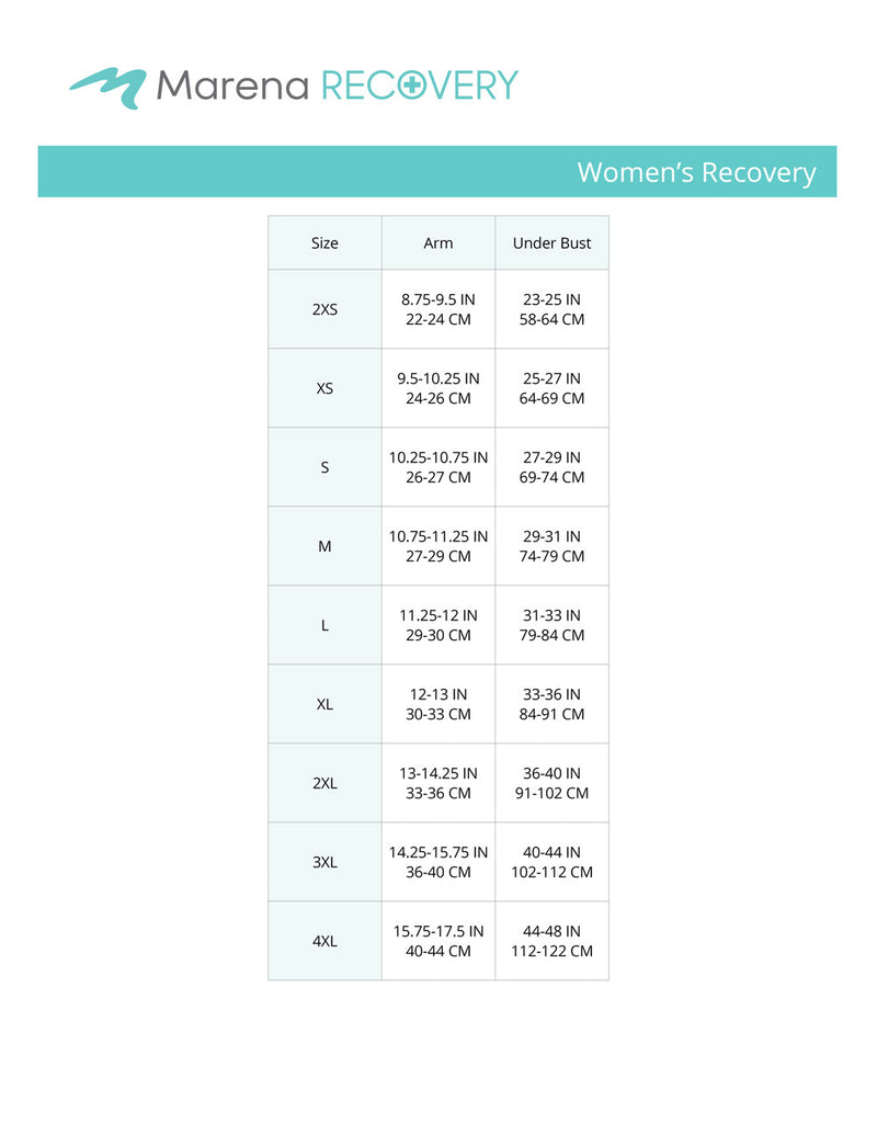 Women's recovery arm underbust size chart