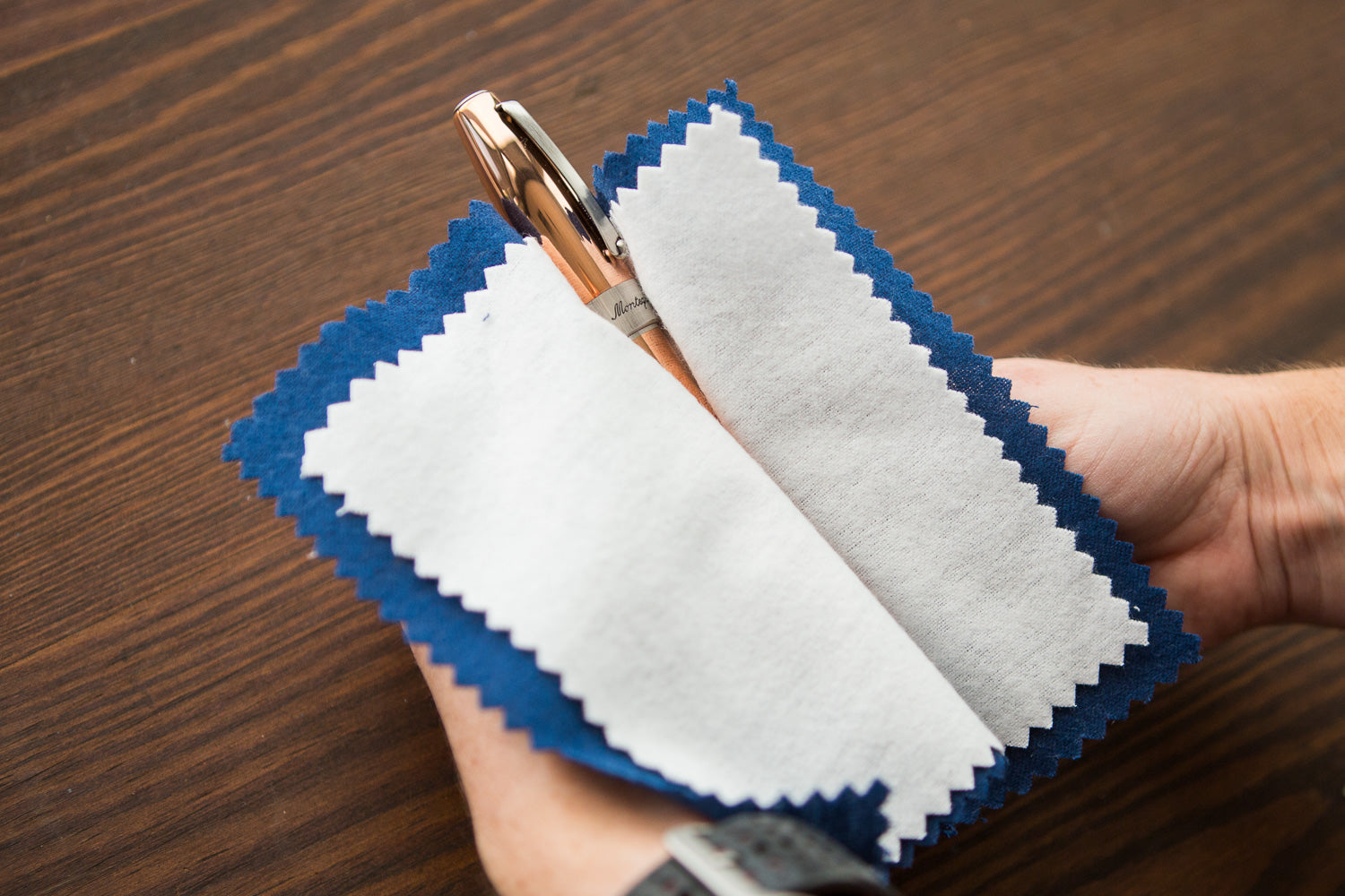 Goulet Polishing Cloth being used on a copper fountain pen