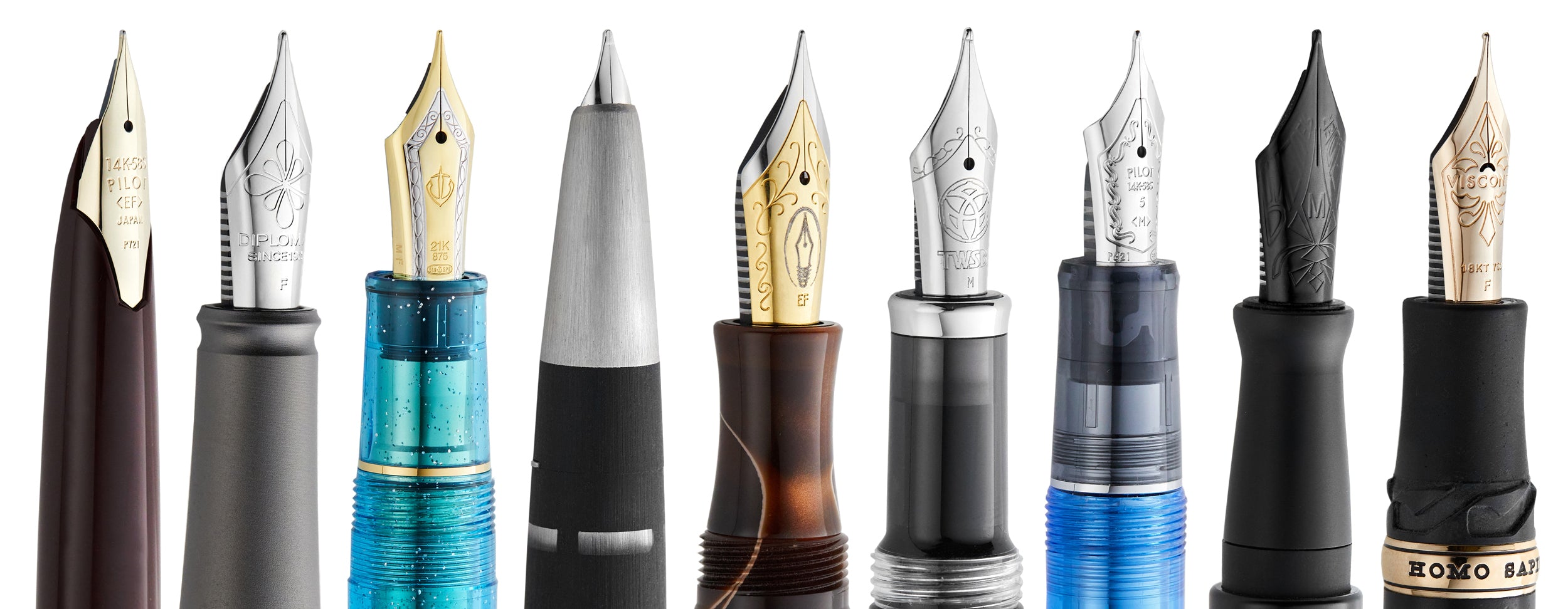 Fountain pen nibs lined up