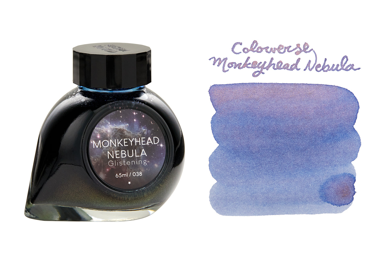 Colorverse Monkeyhead Nebula Glistening fountain pen ink bottle and swab on white background