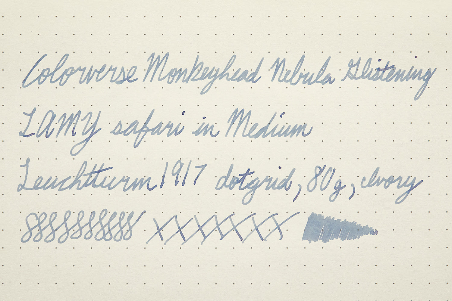 Colorverse Monkeyhead Nebula Glistening fountain pen ink bottle, writing sample on cream colored dot grid paper